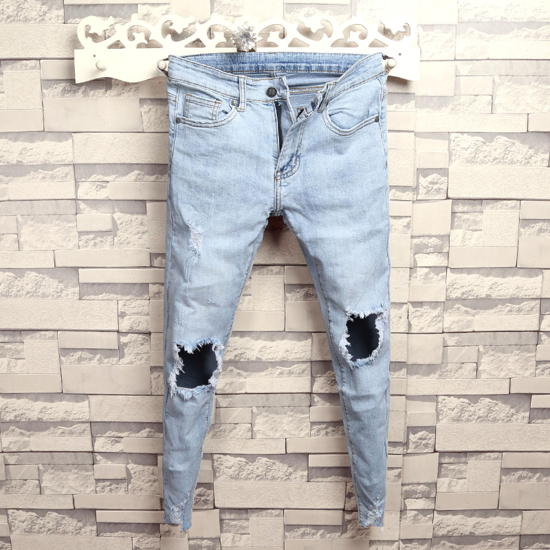 Jeans Homme Maigre Troués Gros Bord Rue Slim Bleu Clair Clair