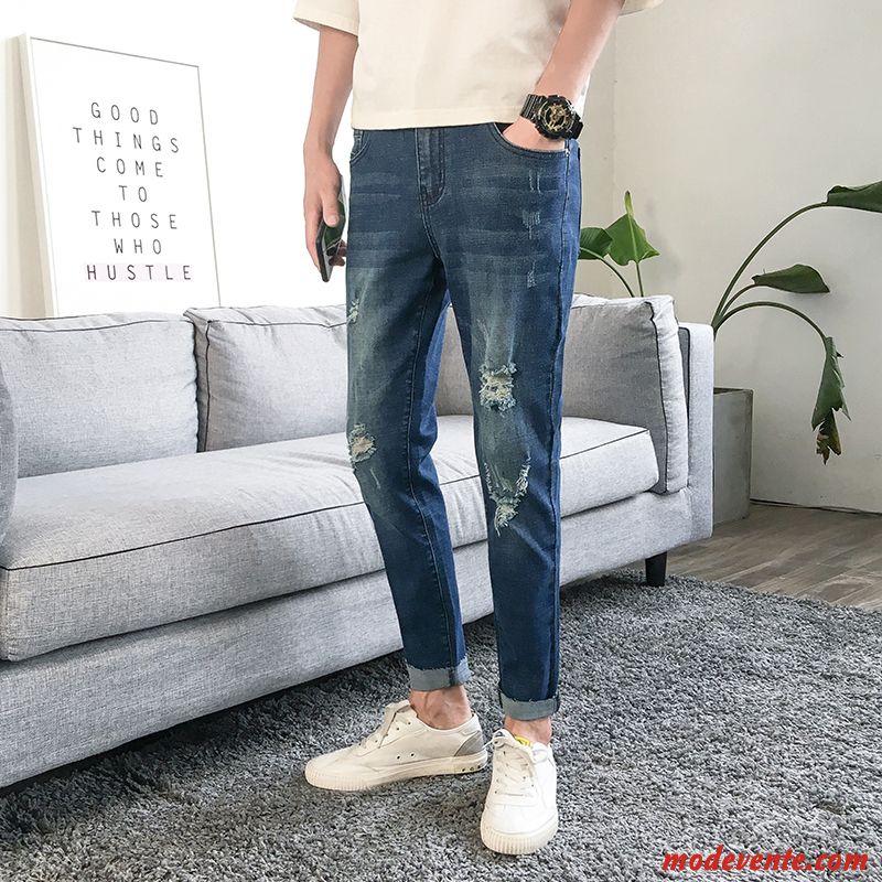 Jeans Homme Marque De Tendance Collants Slim Extensible Maigre Été Bleu
