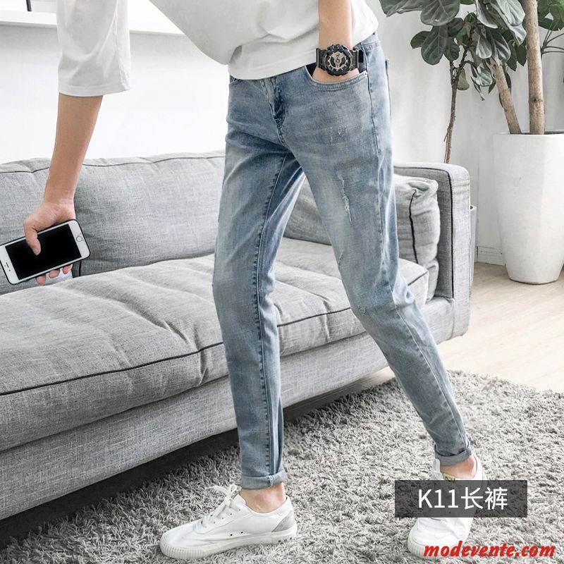 Jeans Homme Mode Tendance Slim Pantalon Collants Des Trous Dans Les Jeans Bleu