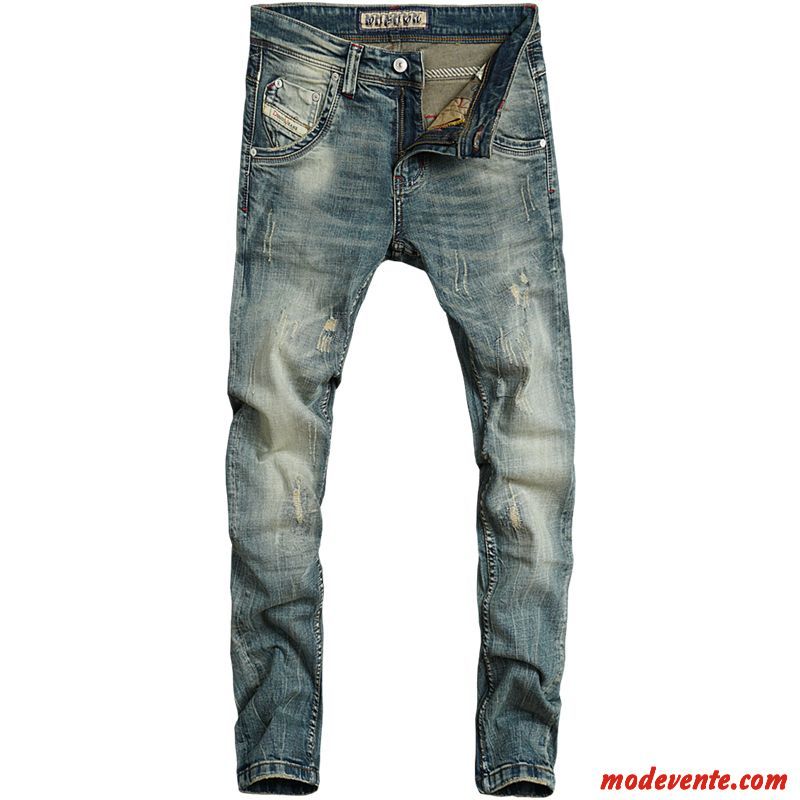 Jeans Homme Rétro Extensible Taille Basse Tendance Slim Bleu Blanc