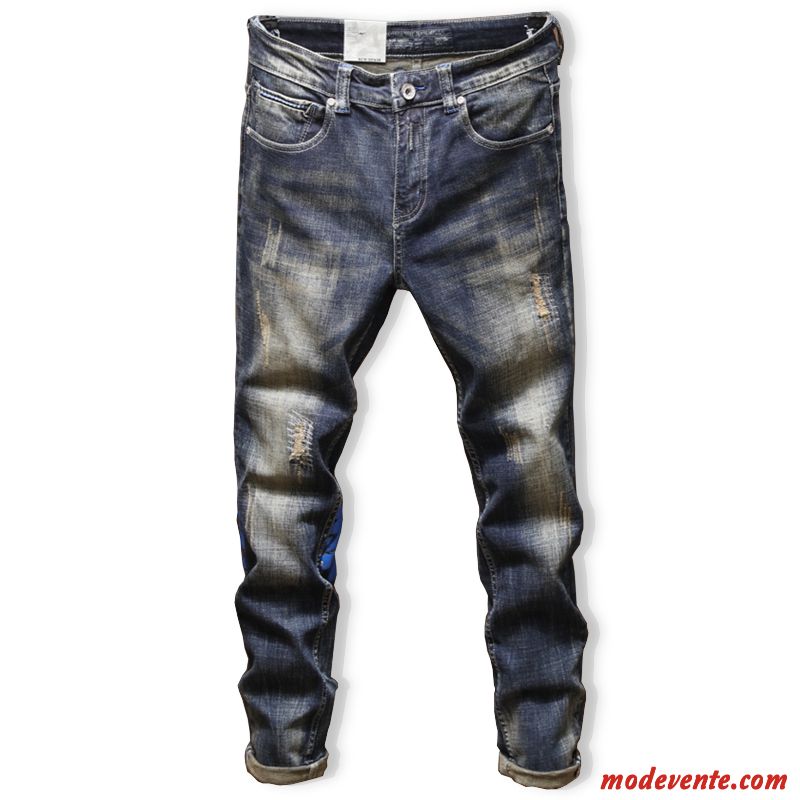 Jeans Homme Rétro Maigre Longue Slim Printemps Delavé Bleu