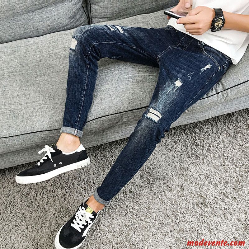 Jeans Homme Slim L'automne Maigre Tendance Hiver Des Trous Dans Les Jeans Noir