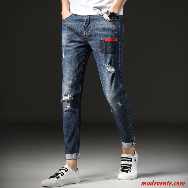 Jeans Homme Slim Tendance Bord Été Légère Troués Bleu