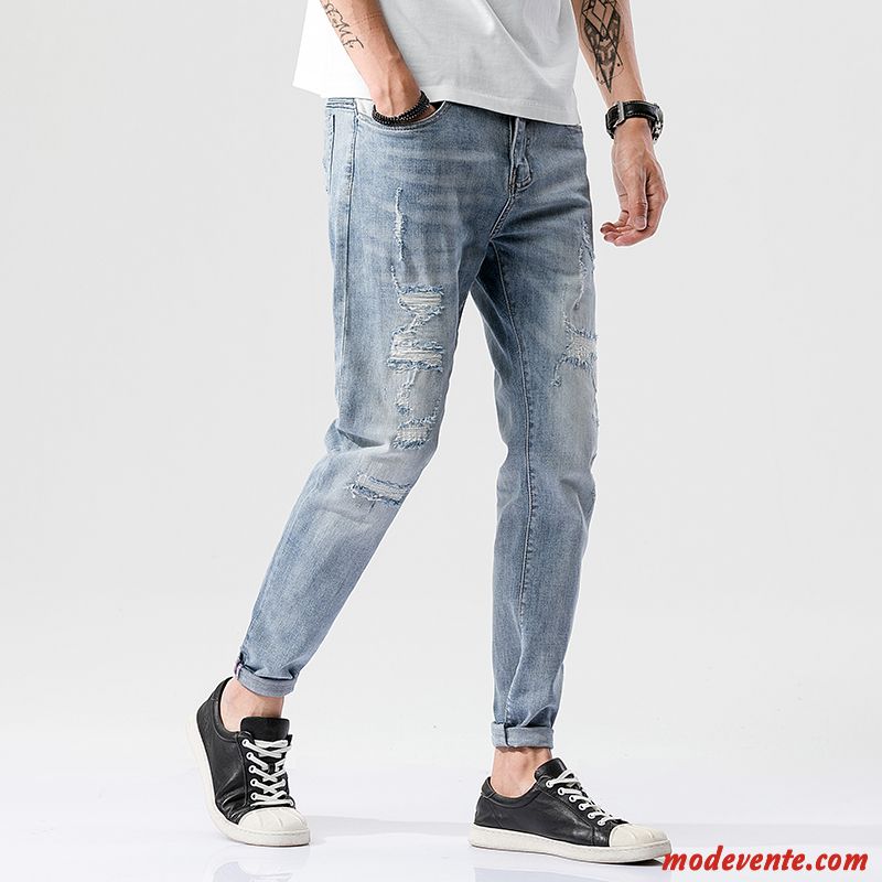 Jeans Homme Tendance L'automne Pantalon Collants Mode Des Trous Dans Les Jeans Bleu Clair