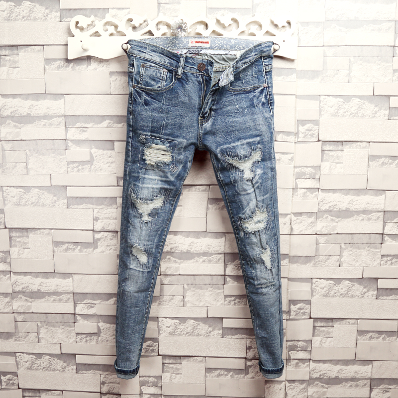 Jeans Homme Tendance Original Troués Rétro Slim Vintage Bleu