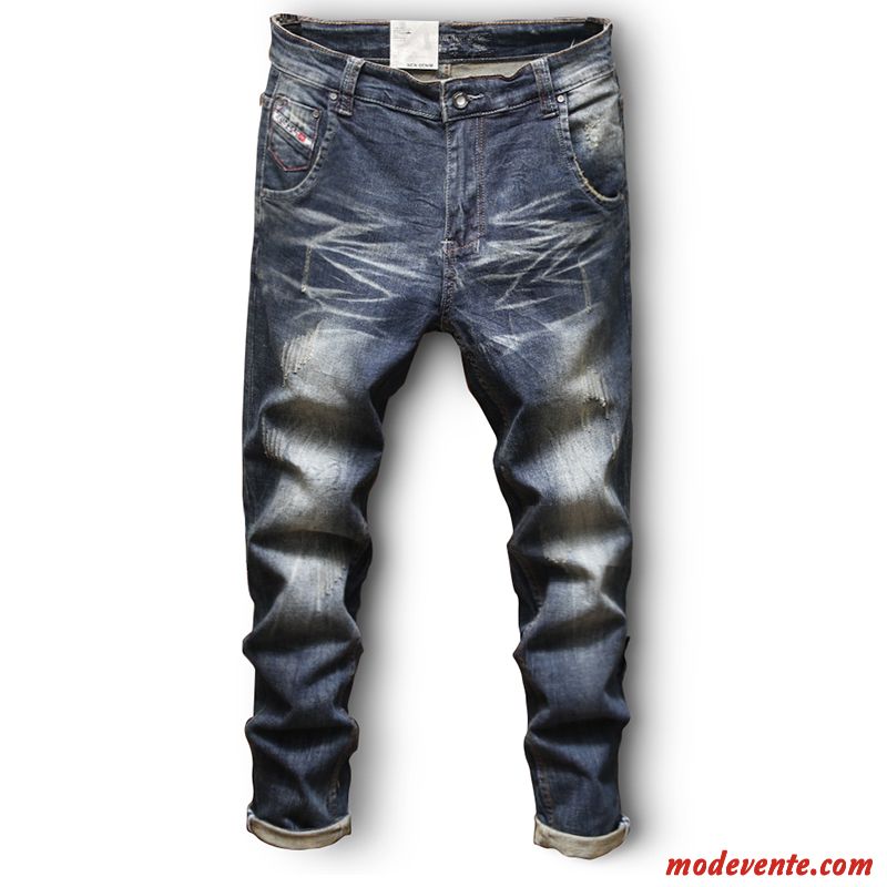 Jeans Homme Tendance Pantalon Extensible Printemps Slim Maigre Bleu Blanc