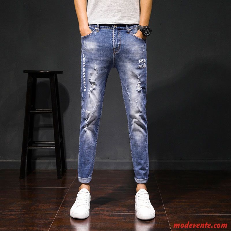 Jeans Homme Troués Bétail Simple Été Tendance Pantalon Bleu