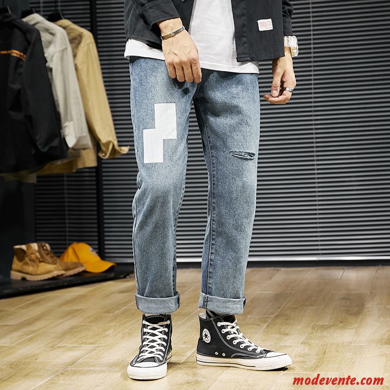 Jeans Homme Troués Jambe Droite Tendance L'automne Baggy Pantalon Bleu