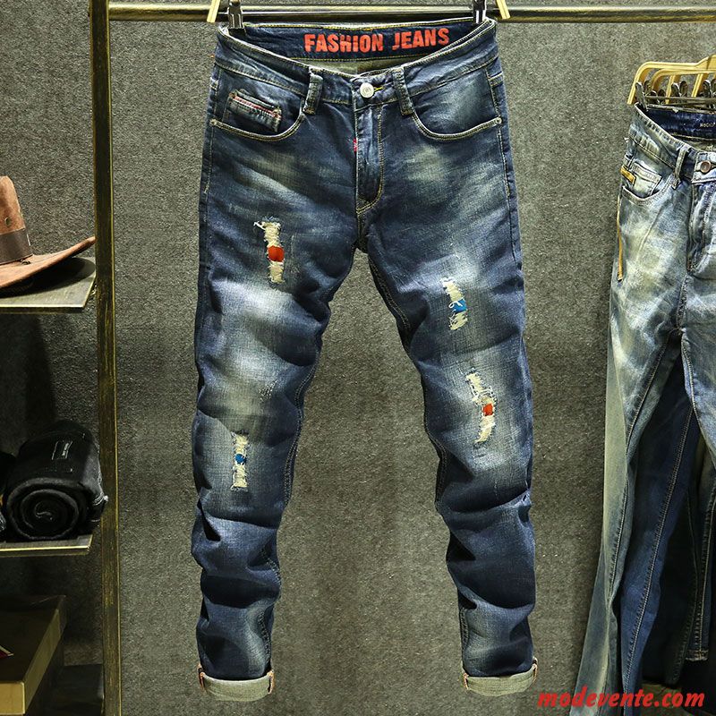 Jeans Homme Vintage Jambe Droite Extensible Jeunesse Des Trous Dans Les Jeans Été Bleu