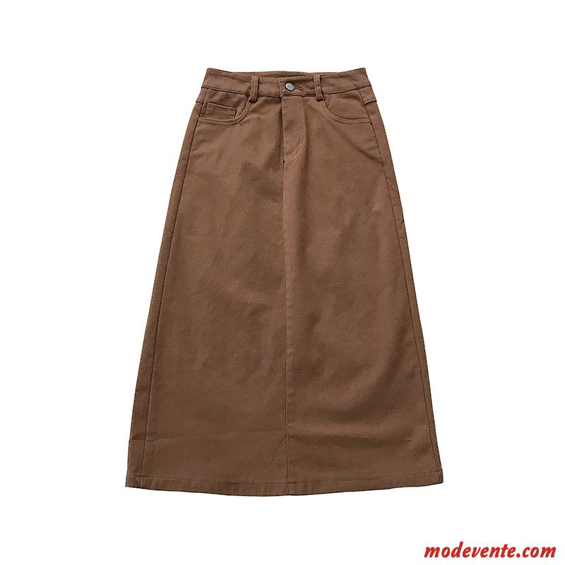 Jupe Femme Diviser La Fourchette L'automne Simple Longue Haute Cintrée Mince Marron Pure