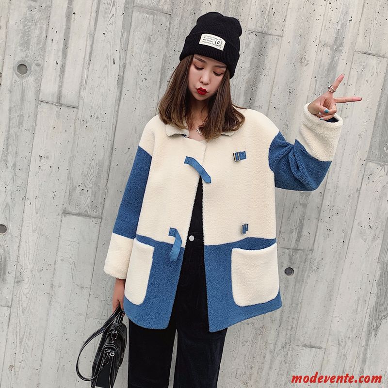 Manteau Femme Cuir Anti-saison Hiver Parka Longue Manteau En Laine Couleurs Mixtes Bleu Blanc