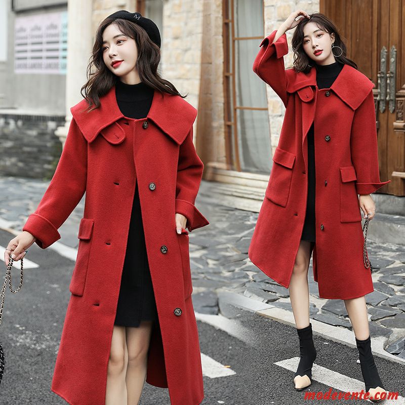 Manteau Femme L'automne Longue Mode Manteau En Laine Bouton À Une Rangée Hiver Pure Rouge