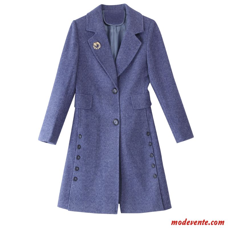 Manteau Femme Élégant Bouton À Une Rangée Mode Hiver Tempérament Manteau En Laine Bleu