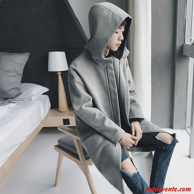 Manteau Homme Baggy Longue Tendance Les Adolescents Tissu De Laine Capuche Gris