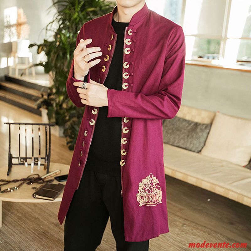 Manteau Homme L'automne Longue Printemps Coupe Vent Tendance Style Chinois Bordeaux