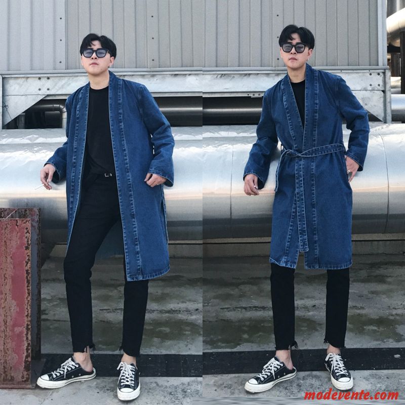 Manteau Homme Longue Denim Parka Baggy L'automne Printemps Bleu