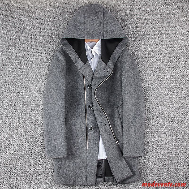 Manteau Homme Racé Marque Longue Tissu De Laine L'automne Capuche Gris Clair