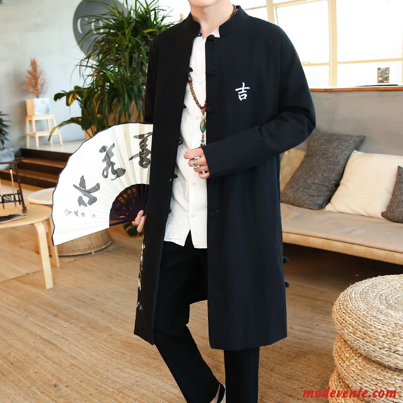 Manteau Homme Style Chinois Printemps Coupe Vent Cardigan Légère Longue Noir