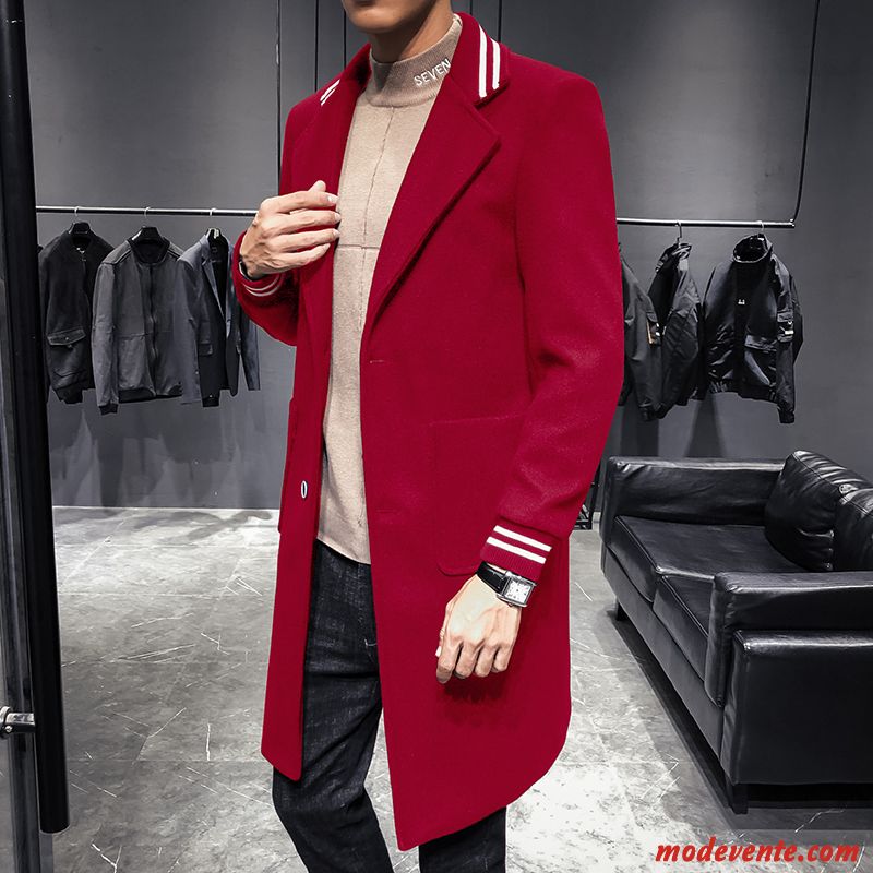 Manteau Homme Tendance Épaissir L'automne Tissu De Laine Mode Parka Rouge