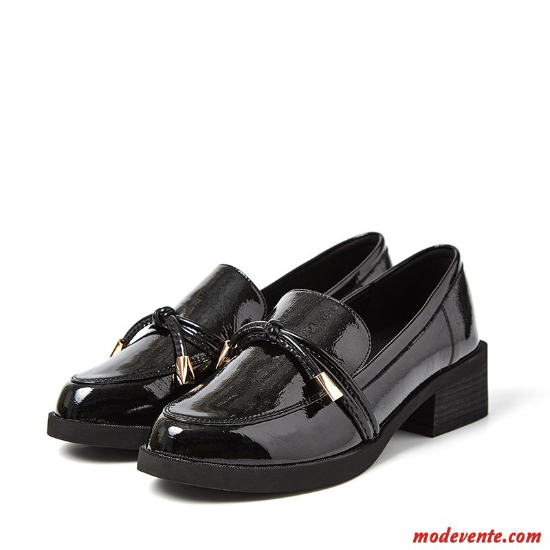 Mocassins Femme Cuir Verni Épais Derbies Printemps Talon Moyen Arc Noir