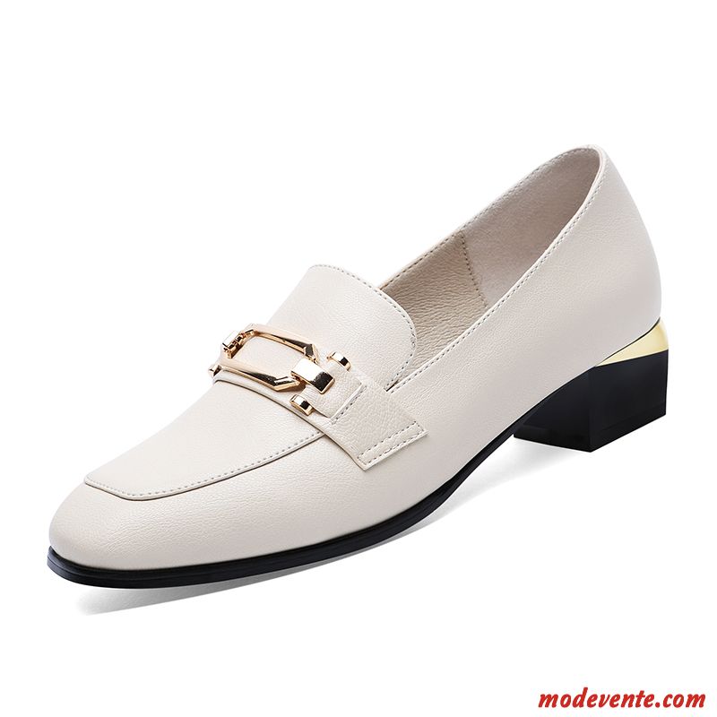 Mocassins Femme L'automne Semelle Doux Angleterre Chaussures En Cuir Tous Les Assortis Talon Moyen Blanc