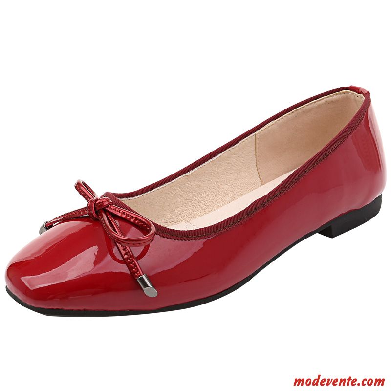 Mocassins Femme Semelle Doux Cuir Véritable Chaussures Plates Derbies L'automne Cuir Verni Rouge Clair