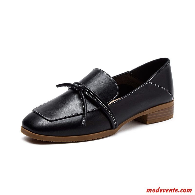 Mocassins Femme Slip-on Printemps Semelle Doux Tête Carrée Rétro Derbies Noir Foncé