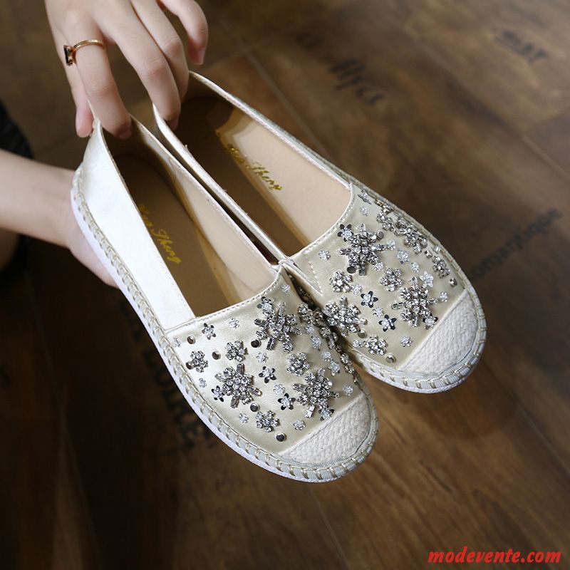 Mocassins Femme Soie L'automne Mode Plates Fleurs Imitation Strass Blanc