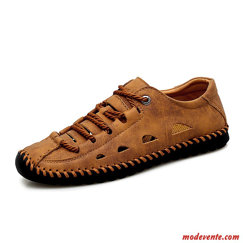 Mocassins Homme Chaussures En Cuir Creux Guipure Été Tendance Respirant Décontractée Brun