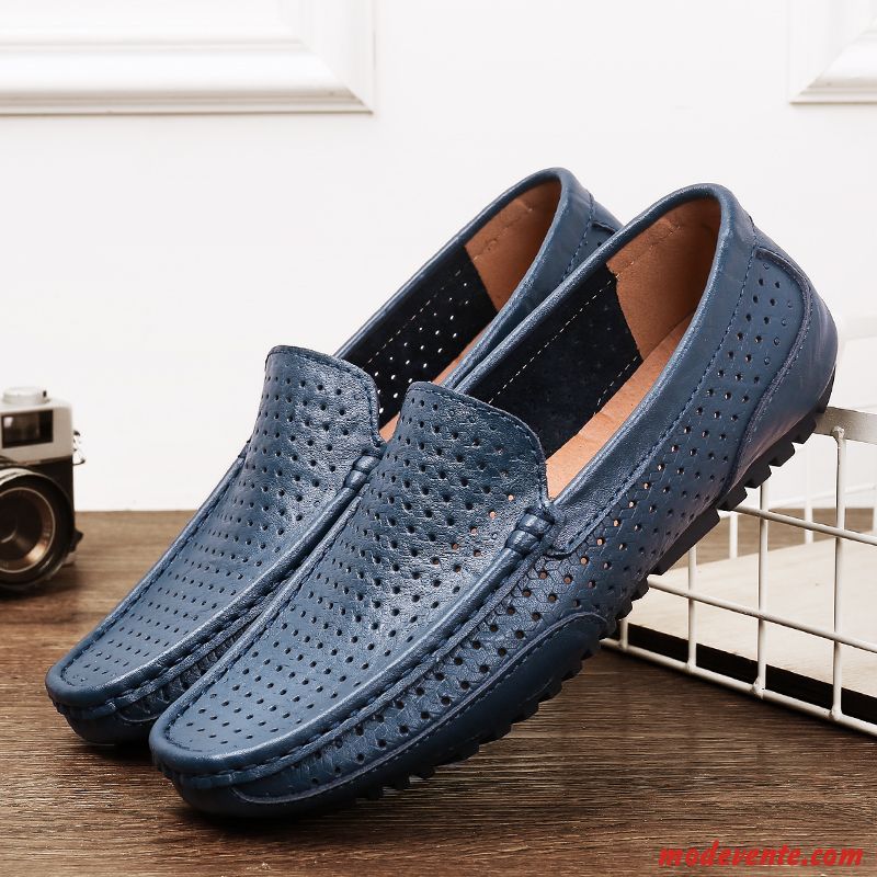 Mocassins Homme Chaussures En Cuir Cuir Véritable Chaussures De Conduite Été Décontractée Tendance Bleu Marin