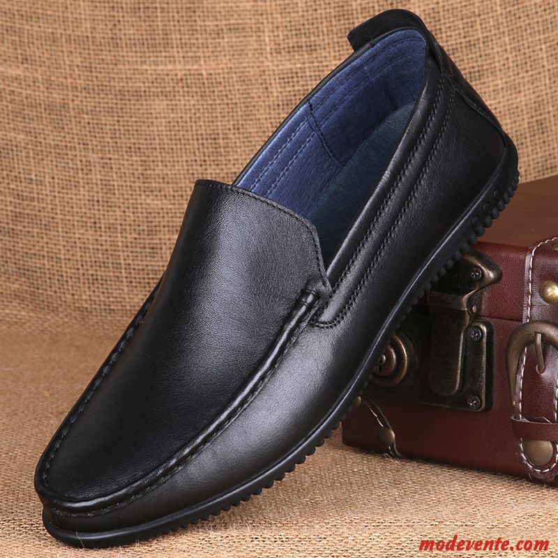 Mocassins Homme Chaussures En Cuir Décontractée Semelle Doux Respirant Cuir Véritable Été Noir