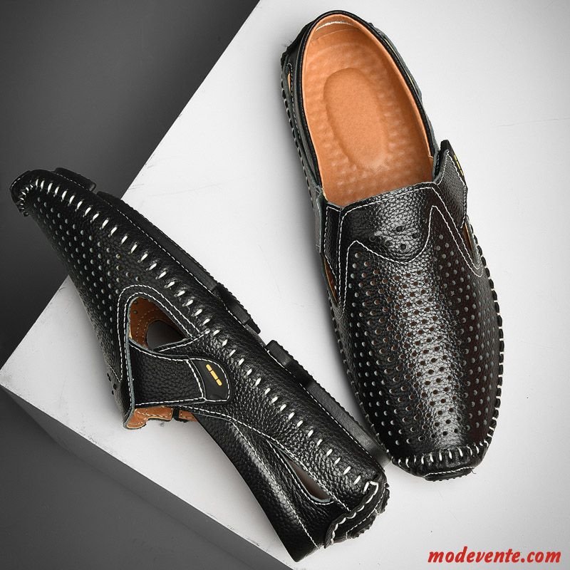 Mocassins Homme Conduite Cuir Véritable Slip-on Été Respirant Flâneurs Noir