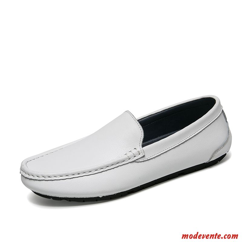 Mocassins Homme Conduite Décontractée Flâneurs Slip-on Personnalité Cuir Véritable Blanc