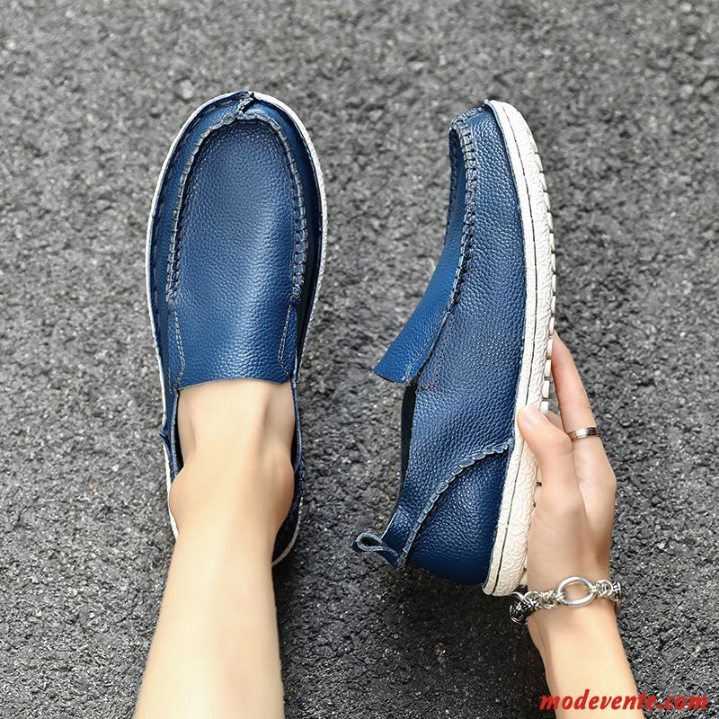 Mocassins Homme Cuir Tendance Chaussures En Cuir Respirant Slip-on Entreprise Bleu