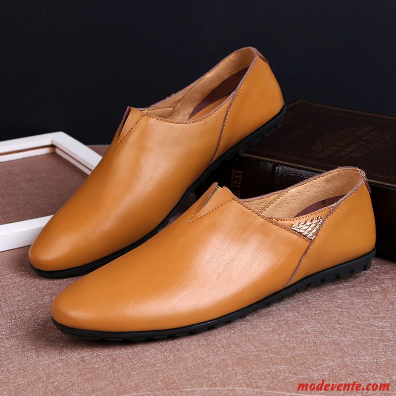 Mocassins Homme Cuir Véritable En Cuir Tous Les Assortis Semelle Doux Tendance L'automne Jaune Marron