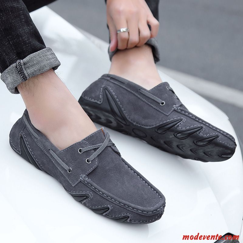 Mocassins Homme Cuir Véritable Personnalité Décontractée Respirant Tendance Chaussures De Conduite Gris