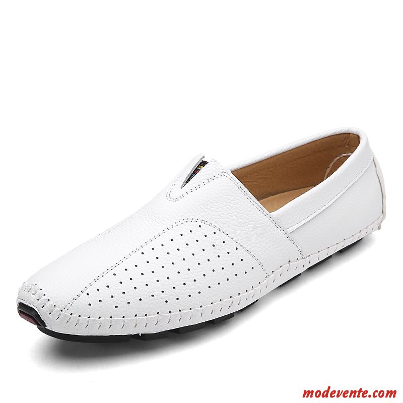 Mocassins Homme Cuir Véritable Respirant Décontractée Chaussures En Cuir Été Tendance Blanc