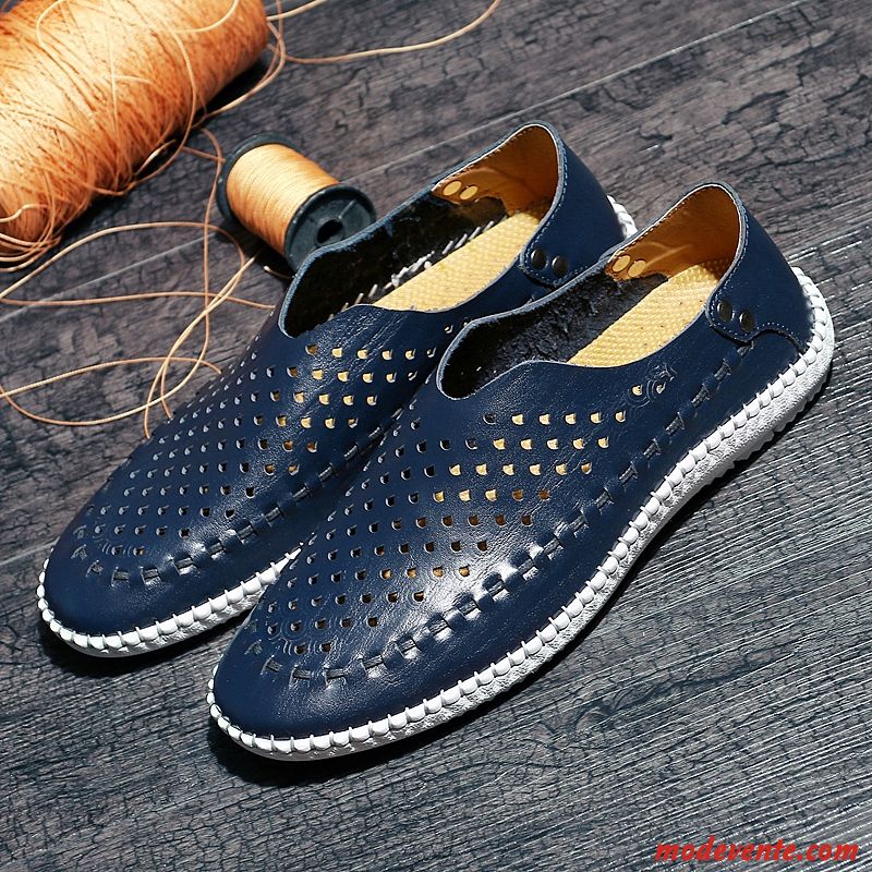 Mocassins Homme Décontractée Cuir Véritable Chaussures En Cuir Slip-on Respirant Printemps Bleu