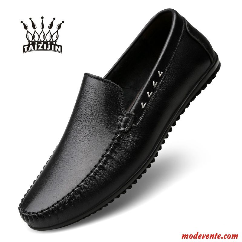 Mocassins Homme En Cuir Cuir Véritable Semelle Doux Décontractée Chaussures En Cuir Été Noir