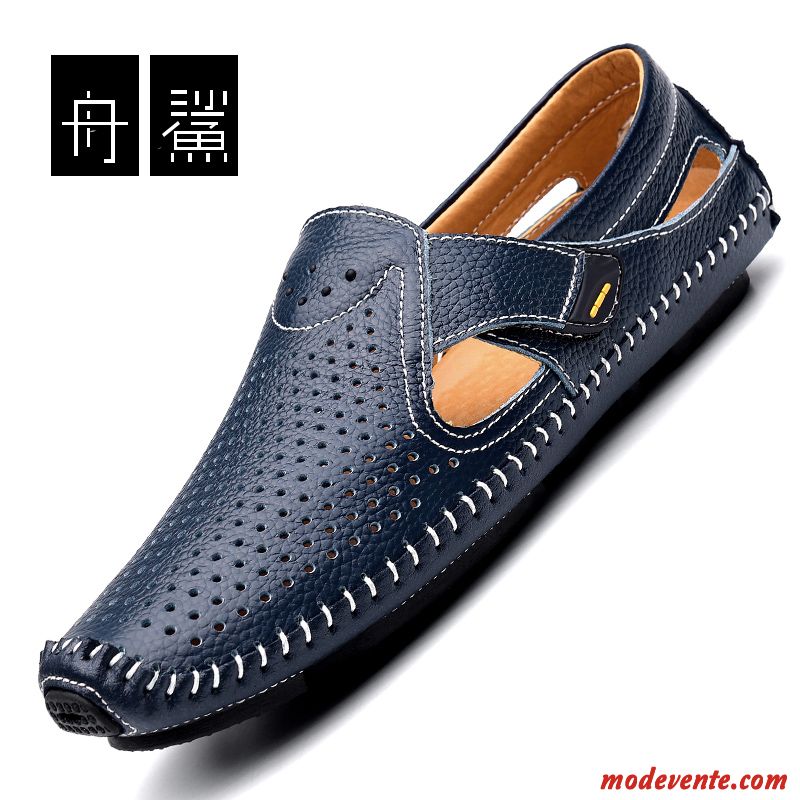 Mocassins Homme Respirant Cuir Véritable Décontractée Creux Guipure Été Chaussures En Cuir Bleu