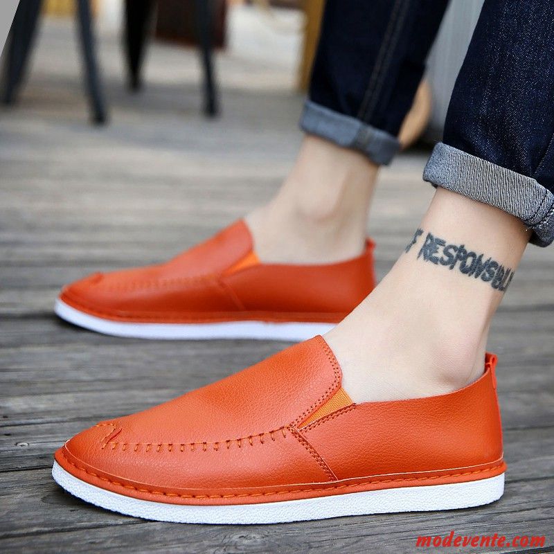 Mocassins Homme Tendance Angleterre Chaussures En Cuir Orange Tous Les Assortis Décontractée