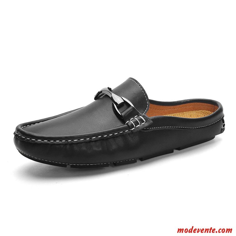 Mocassins Homme Tendance Cuir Été Angleterre En Cuir Tongs Chaussons Noir