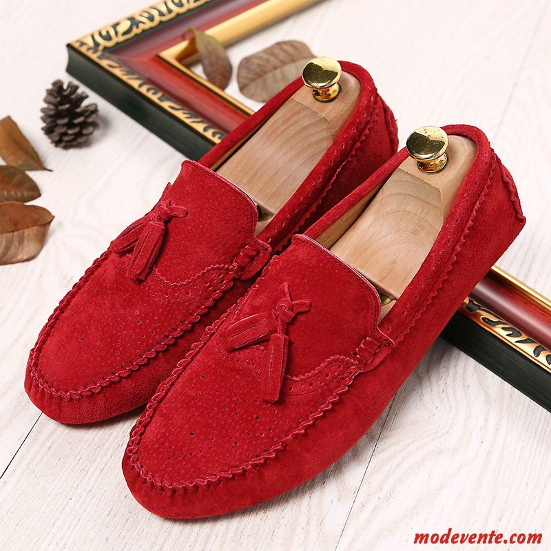 Mocassins Homme Tendance Flâneurs Cuir Véritable Plus De Velours Décontractée Chauds Rouge