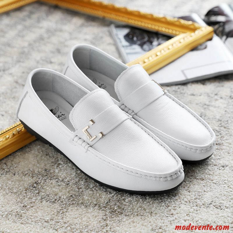 Mocassins Homme Tendance Slip-on Semelle Doux Cuir Véritable Angleterre De Boîtier Blanc