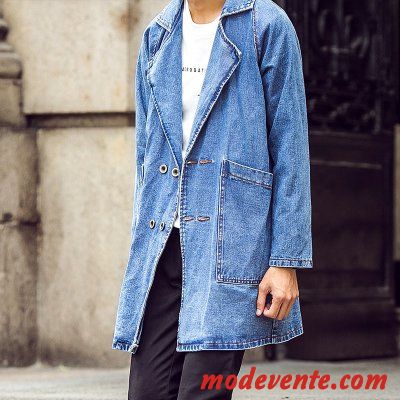 Mode Coréen Design Hommes Solid Couleur Pockets Manteau Long En Denim Pas Cher