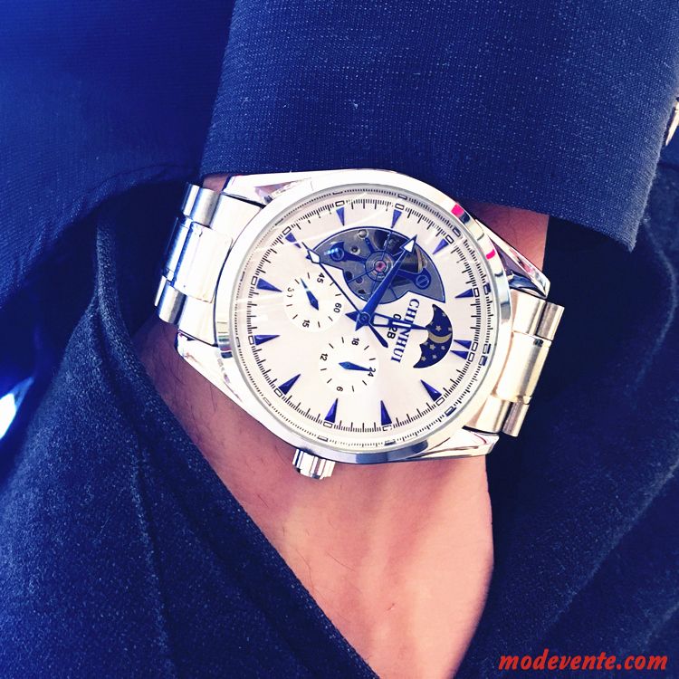 Montre Homme Automatique Creux Lumineux Étanche Acier Inoxydable Montre À Bracelet Bleu Blanc