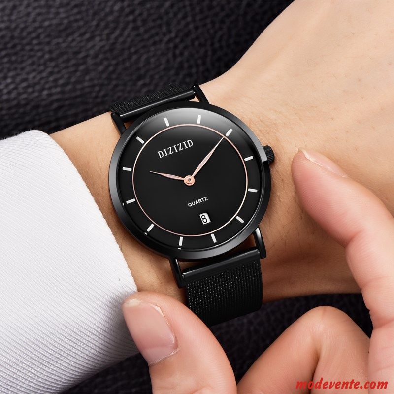 Montre Homme Loisir Simple Étudiant Montre À Bracelet Très Mince Watchband Noir