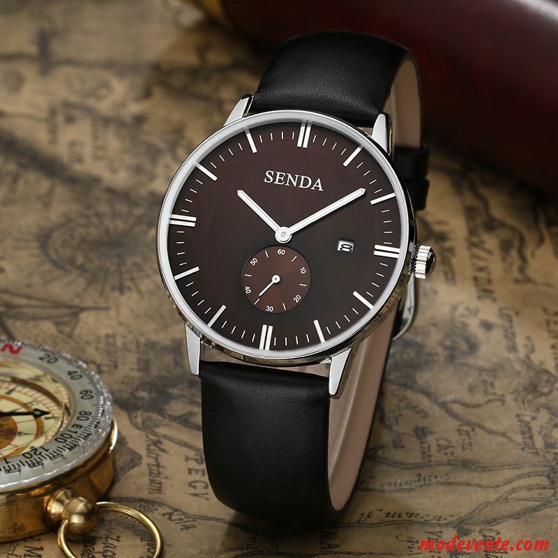 Montre Homme Étanche Simple Calendrier Authentique Ceinture Étudiant Noir Argent