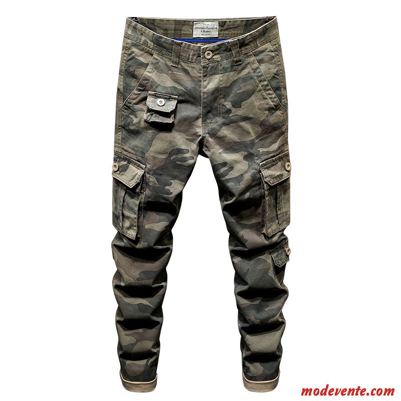 Pantalon Cargo Homme Baggy Multi-poche Jambe Droite De Plein Air Coton Bio Camouflage Vert