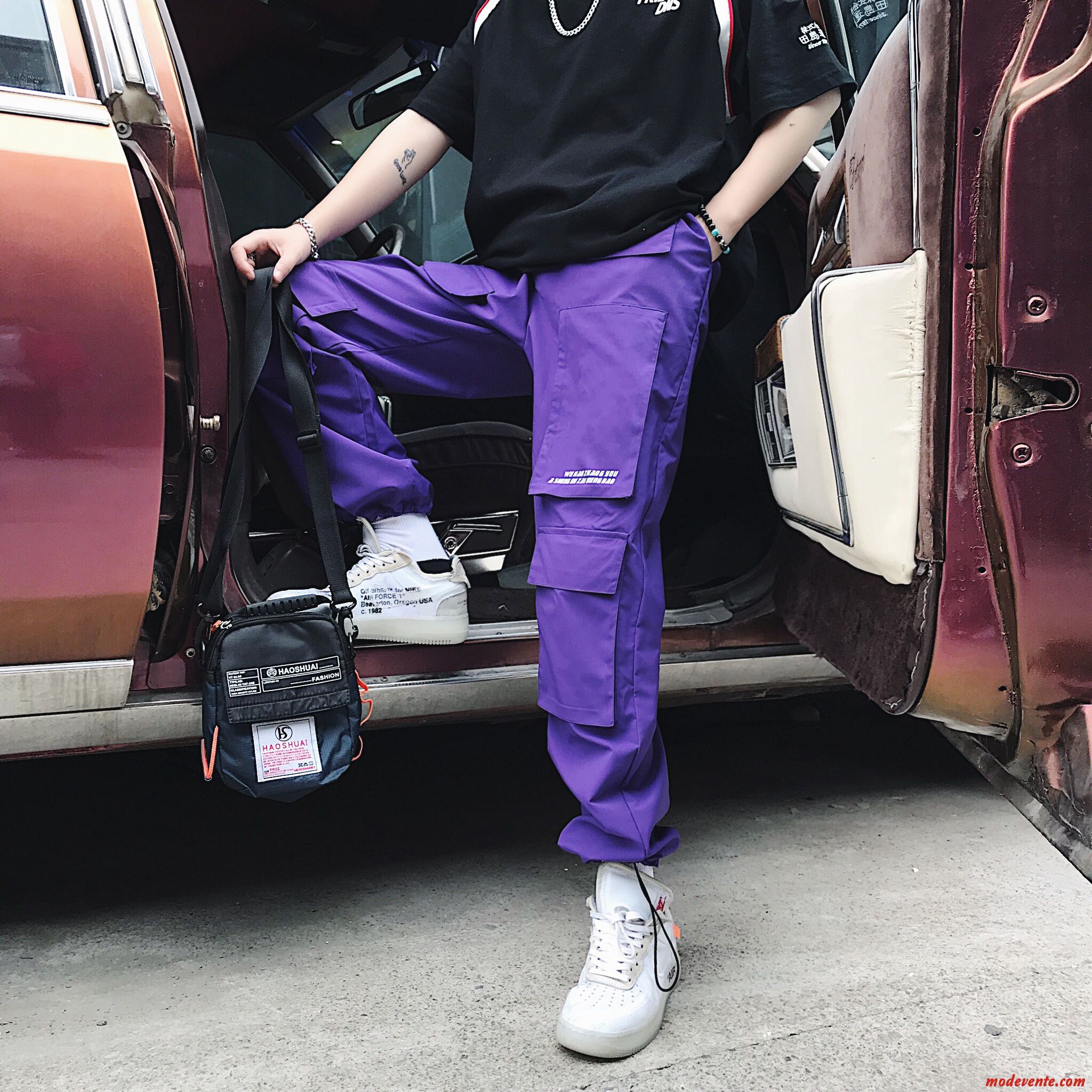 Pantalon Cargo Homme Tendance Multi-poche Les Pantalons De Survêtement Hip Hop L'automne Légère Violet